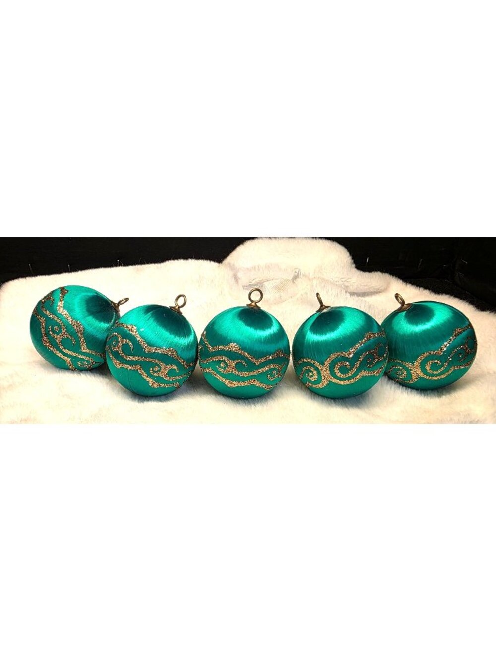 Vintage Green Satin Christmas Ornaments w Gold Glitter Stenciled Designs